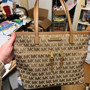 Michael Kors Brown Monogram Kempton Tote with Gold Hardware